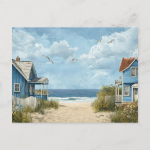 Blue Beach Huts Coastal Art Postcard