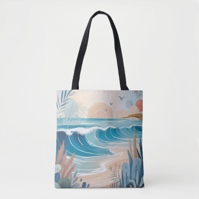 Blue Beach Illustration Tote Bag (Front)