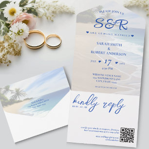 Blue Beach Island Palm Tree Destination Wedding All In One Invitation