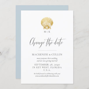 Blue Beach Monogram Wedding Change the Date Invitation