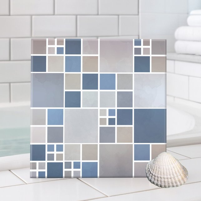 Blue Beach Mosaic Pattern Kitchen Bathroom Tile (Bathroom tile featuring a geometric mosaic pattern with watercolor effects inspired by the beach)