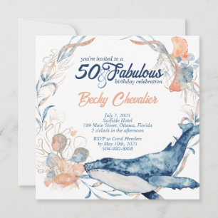 Blue beach ocean sea fifty and fabulous birthday invitation