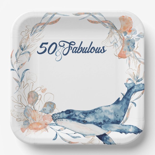 Blue beach ocean sea fifty and fabulous birthday paper plate (Front)