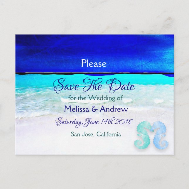 Blue Beach Ocean Themed Wedding Save the Date Announcement Postcard (Front)