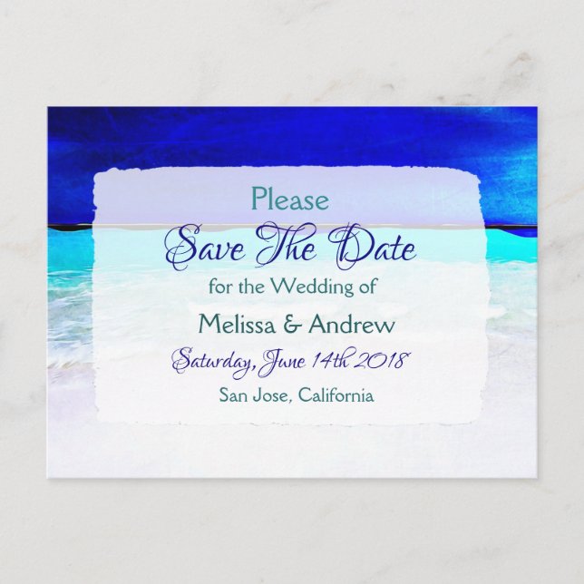 Blue Beach Ocean Themed Wedding Save the Date Announcement Postcard (Front)