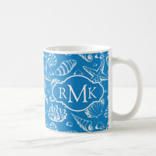 Blue Beach Pattern   Monogram Coffee Mug