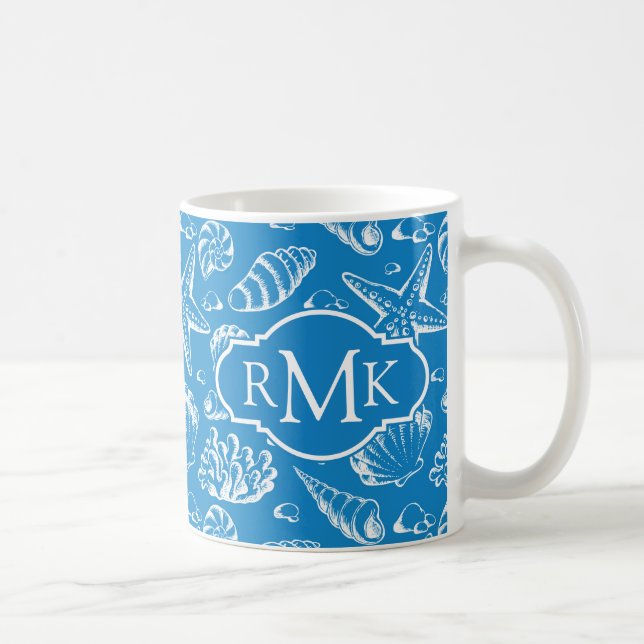 Blue Beach Pattern | Monogram Coffee Mug (Right)