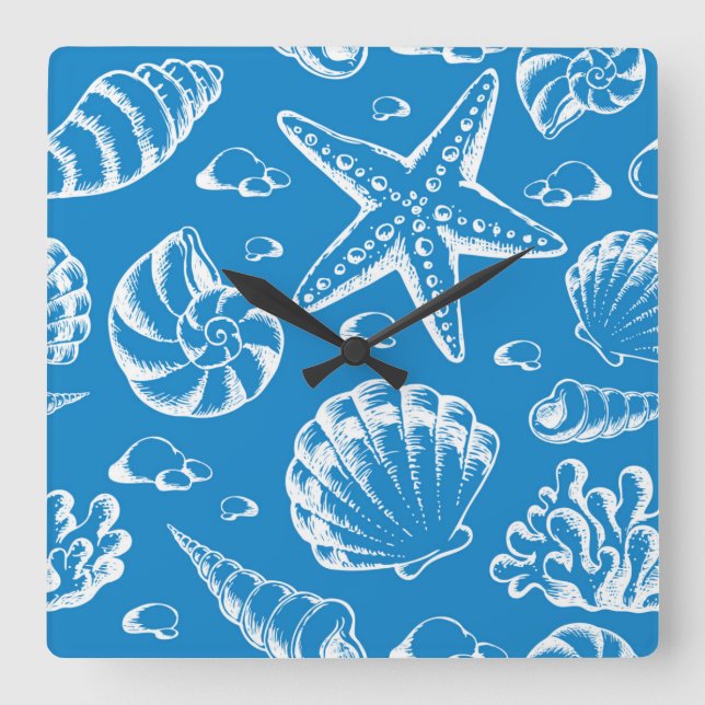 Blue Beach Pattern Square Wall Clock (Front)