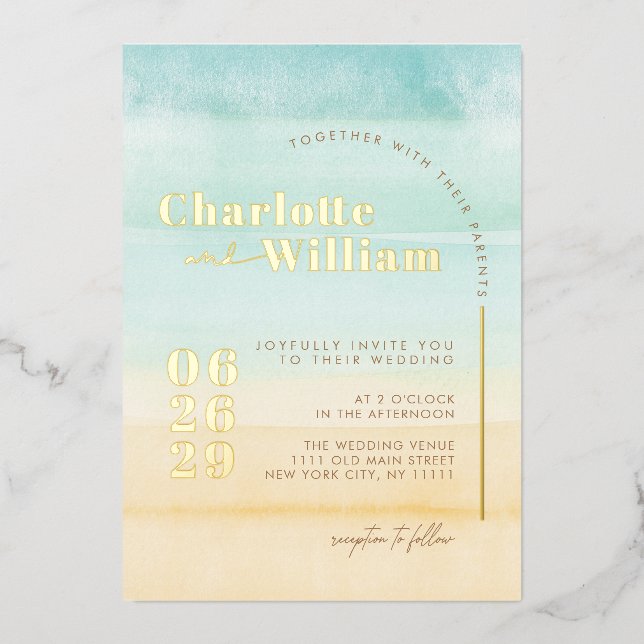 Blue Beach Sand Watercolor Wedding Foil Invitation (Front)