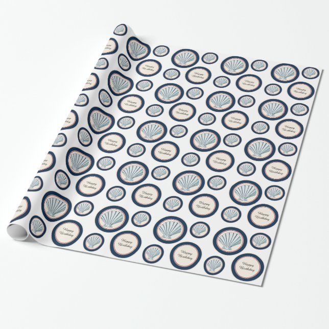 Blue Beach Sea Shells Birthday Wrapping Paper (Unrolled)