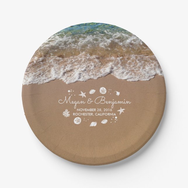 Blue Beach Sea waves and Ocean Treasures Wedding Paper Plate (Front)