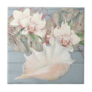 Blue Beach Seashell Conch Tropical Orchid Floral Ceramic Tile