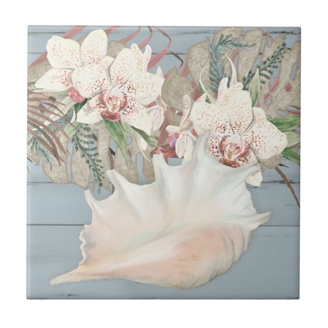 Blue Beach Seashell Conch Tropical Orchid Floral Ceramic Tile (Front)