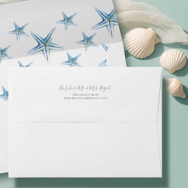 Blue Beach Starfish Invitation Envelope (beach wedding return address envelopes with watercolor starfish in shades of blue.)