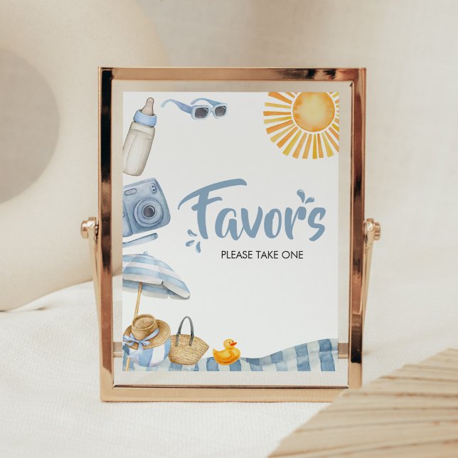 Blue Beach Summer Baby Shower Favours Poster (Boy Splish Splash Baby Shower Favors Sign)