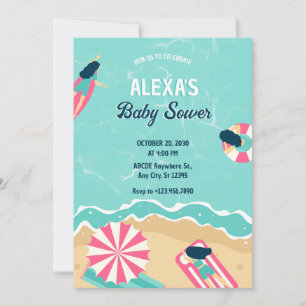 Blue beach summer party surfing baby shower invitation