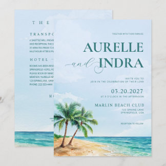 Blue Beach Summer Watercolor QR Wedding Party Invitation
