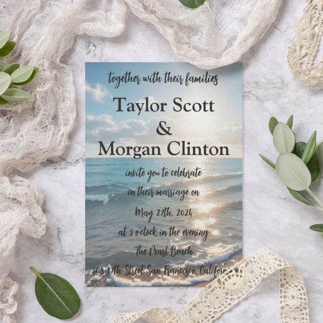 Blue Beach Sunset Watercolor Wedding Invitation (Creator Uploaded)