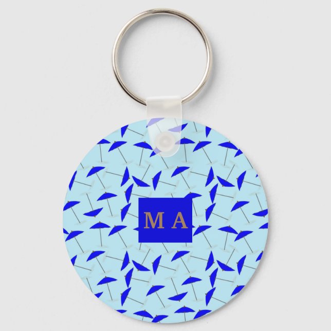 blue beach umbrella repeat pattern monogram  key ring (Front)