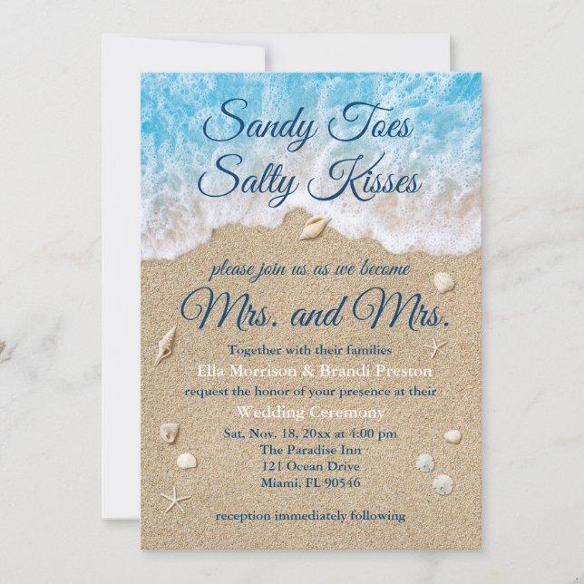 Blue Beach Waves Mrs & Mrs Wedding Invitation (Front)