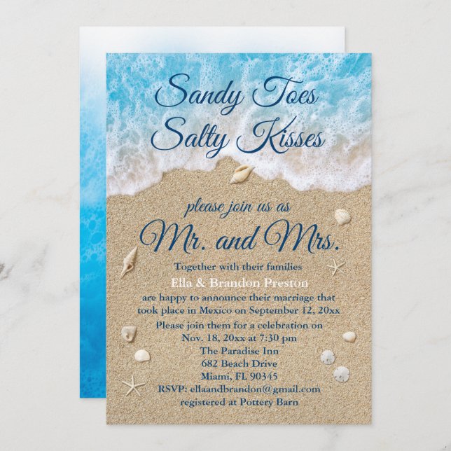 Blue Beach Waves Post Wedding Reception Card (Front/Back)