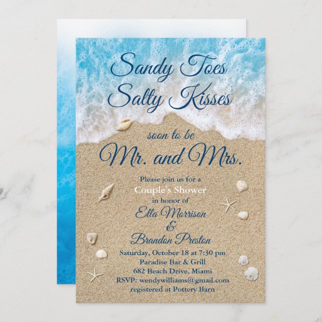 Blue Beach Waves Sandy Toes Couple's Shower Invitation (Front/Back)