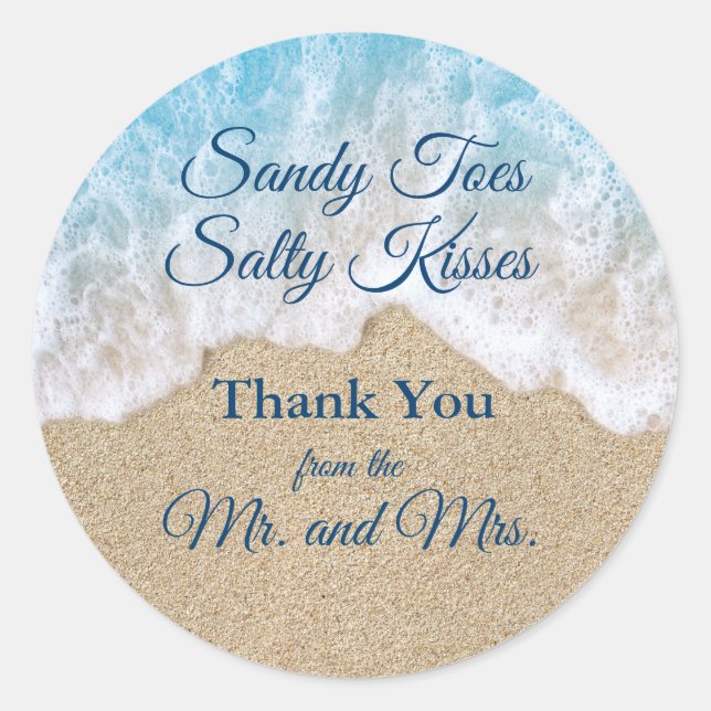 Blue Beach Waves Sandy Toes Salty Kisses Thank You Classic Round Sticker (Front)