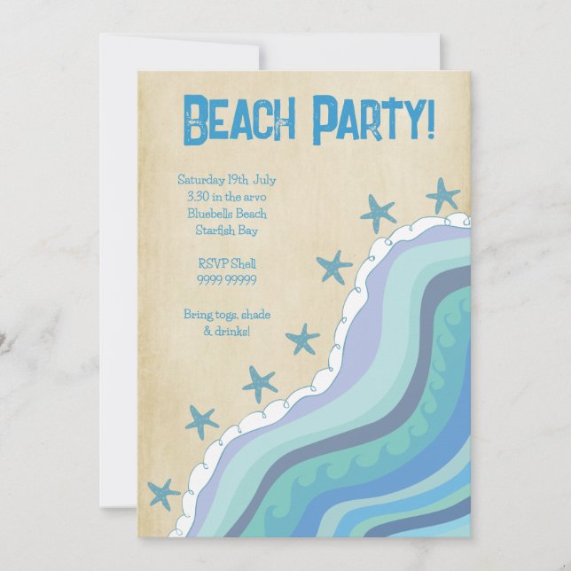 Blue Beach Waves Starfish Summer Party Invitation (Front)