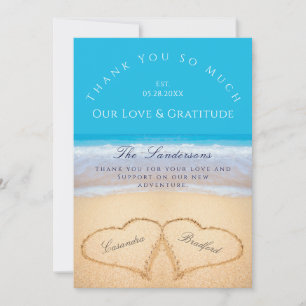 Blue Beach Wedding 2 Hearts in the Sand Thank You Card