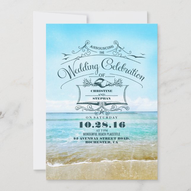Blue Beach Wedding Announcement Invitations (Front)