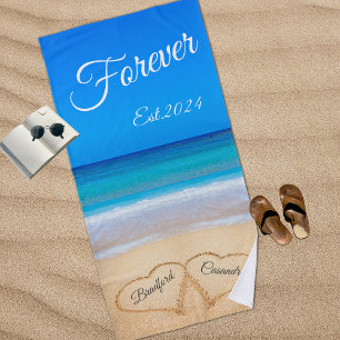 Blue Beach Wedding Hearts in Sand Forever Beach To Towel