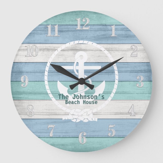Blue Beach Wood Nautical Stripes & Anchor  Large C Large Clock (Front)