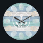 Blue Beach Wood Sea Glass & Anchor Large Clock<br><div class="desc">This clock can be personalized with your name. Makes a wonderful housewarming gift, a wedding or anniversary gift. ⭐This Product is 100% Customizable. Graphics and / or text can be added, deleted, moved, resized, changed around, rotated, etc... 99% of my designs in my store are done in layers. This makes...</div>