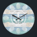 Blue Beach Wood Sea Glass & Anchor Large Clock<br><div class="desc">This clock can be personalized with your name. Makes a wonderful housewarming gift, a wedding or anniversary gift. ⭐This Product is 100% Customizable. Graphics and / or text can be added, deleted, moved, resized, changed around, rotated, etc... 99% of my designs in my store are done in layers. This makes...</div>