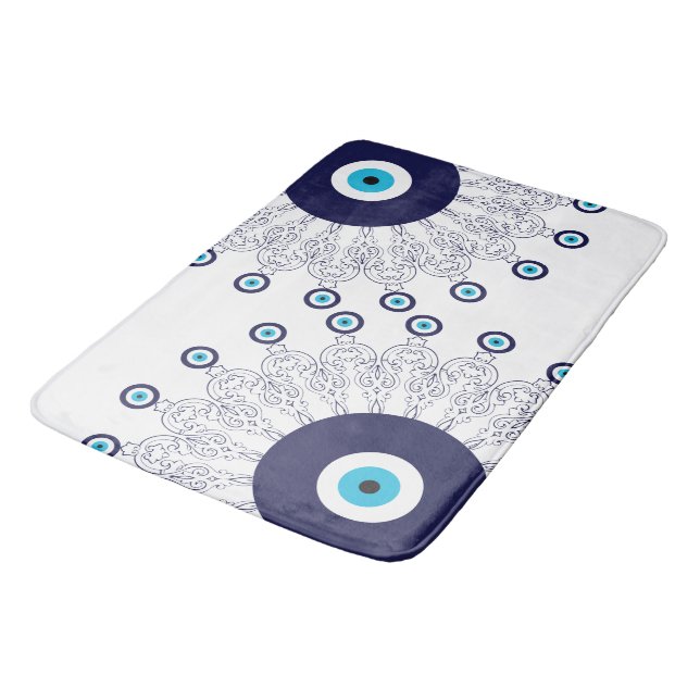 Blue Beachy Boho Evil Eye Mandala Pattern Bathroom Bath Mat (Angled)