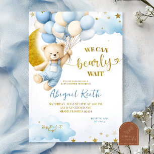 Blue Bear and balloon Boy Baby Shower Invitation