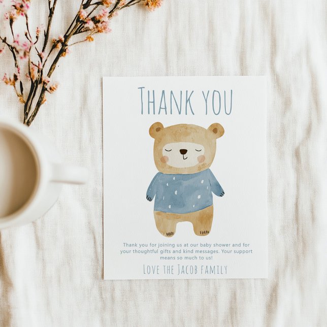 Blue Bear Baby Shower Cute thank you  (Simple blue boy sleepy bear "Thank you" baby shower card.)