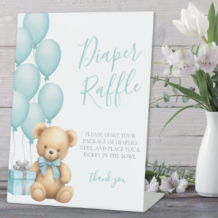 Blue Bear Baby Shower Diaper Raffle Pedestal Sign