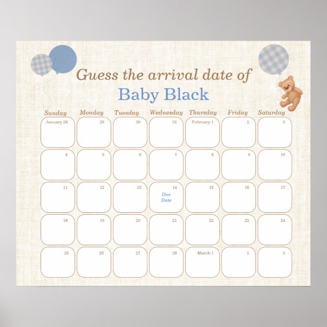 Blue Bear Baby Shower Guess The Due Date Calendar Poster (Front)