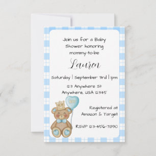 Blue Bear Baby Shower Invitation for Baby Boy