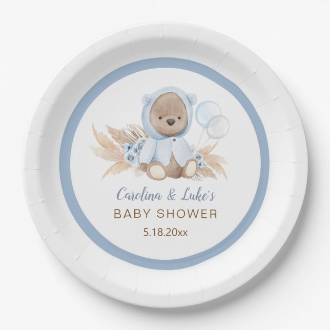 Blue Bear Baby Shower Party Paper Plates (Front)