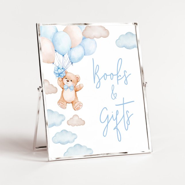 Blue Bear Balloon Baby Shower Books and Gifts Poster (Blue Baby Bear Balloon Baby Shower Books and Gifts Sign)