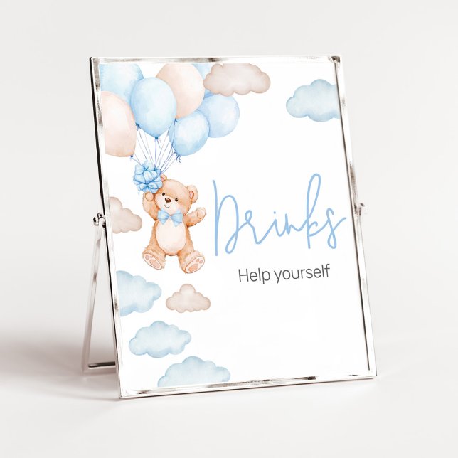 Blue Bear Balloon Baby Shower Drinks Poster (Blue Baby Bear Balloon Baby Shower Drinks Sign)
