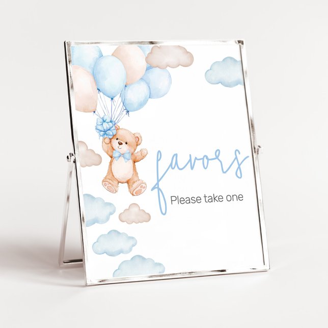 Blue Bear Balloon Baby Shower Favours Poster (Blue Baby Bear Balloon Baby Shower Favors Sign)