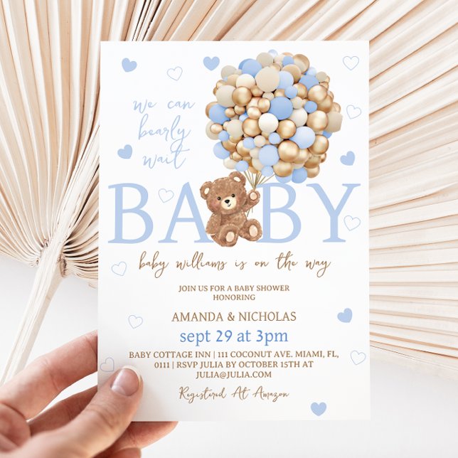 Blue Bear Balloon Baby Shower Invitation (Creator Uploaded)