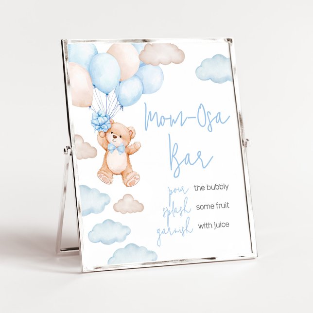 Blue Bear Balloon Baby Shower Mum Osa Bar Poster (Blue Baby Bear Balloon Baby Shower Mom Osa Bar Sign)
