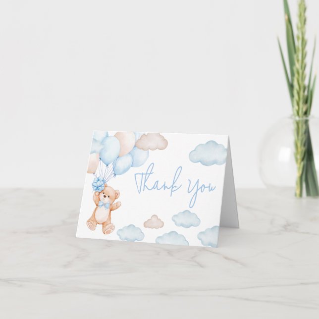Blue Bear Balloon Baby Shower Thank You Card (Front)