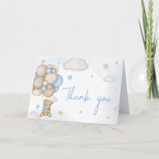 Blue Bear Balloon Baby Shower  Thank You Card (Front)
