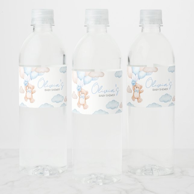 Blue Bear Balloon Baby Shower Water Bottle Label (Bottles)