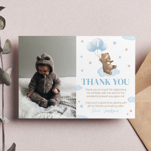 Blue Bear Balloon Birthday Photo Thank You Card